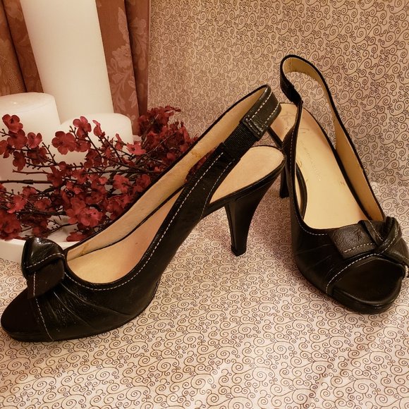 Franco Sarto Dark Navy Leather Sling Back Heels With Bow Toes  9 M - Picture 1 of 11